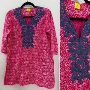 Tuckernuck Roller Rabbit Classic Block‎ Print Cotton Embroidered Kurta Dress M